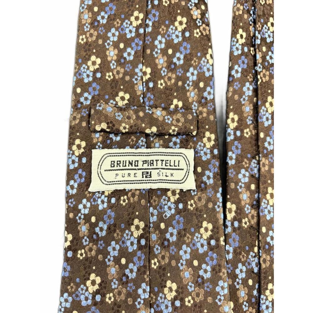 Bruno Piattelli Pure Silk Floral Tie‎ – Brown with Blue & Cream Flowers